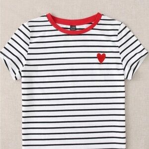 SHEIN Striped Tee with Red Heart Accent